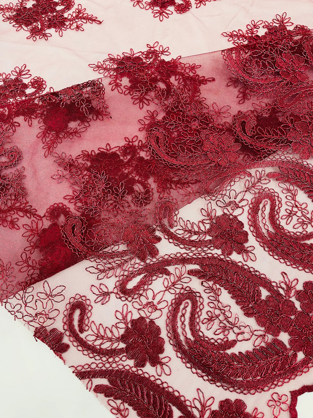 Burgundy - Embroidery Damask Design With Sequins On A Mesh Lace Fabric By Yard.
