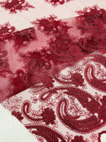 Burgundy - Embroidery Damask Design With Sequins On A Mesh Lace Fabric By Yard.
