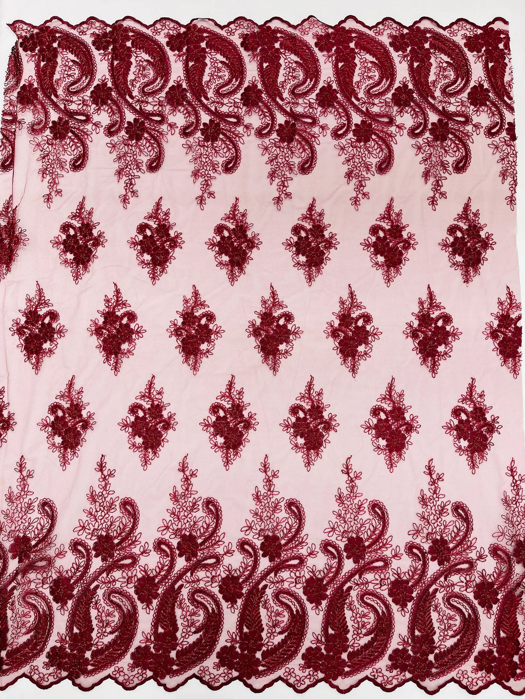 Burgundy - Embroidery Damask Design With Sequins On A Mesh Lace Fabric By Yard.