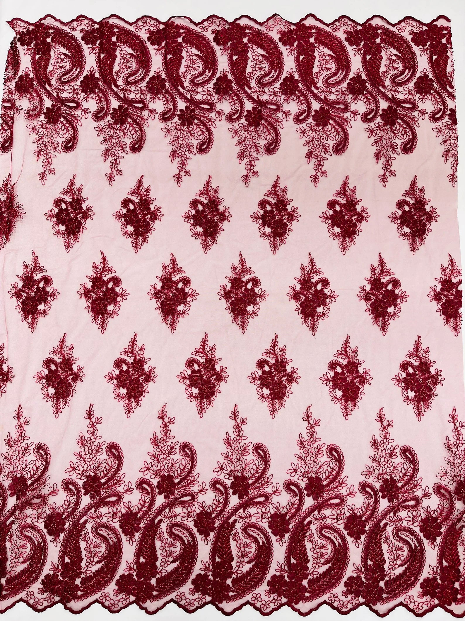 Burgundy - Embroidery Damask Design With Sequins On A Mesh Lace Fabric By Yard.