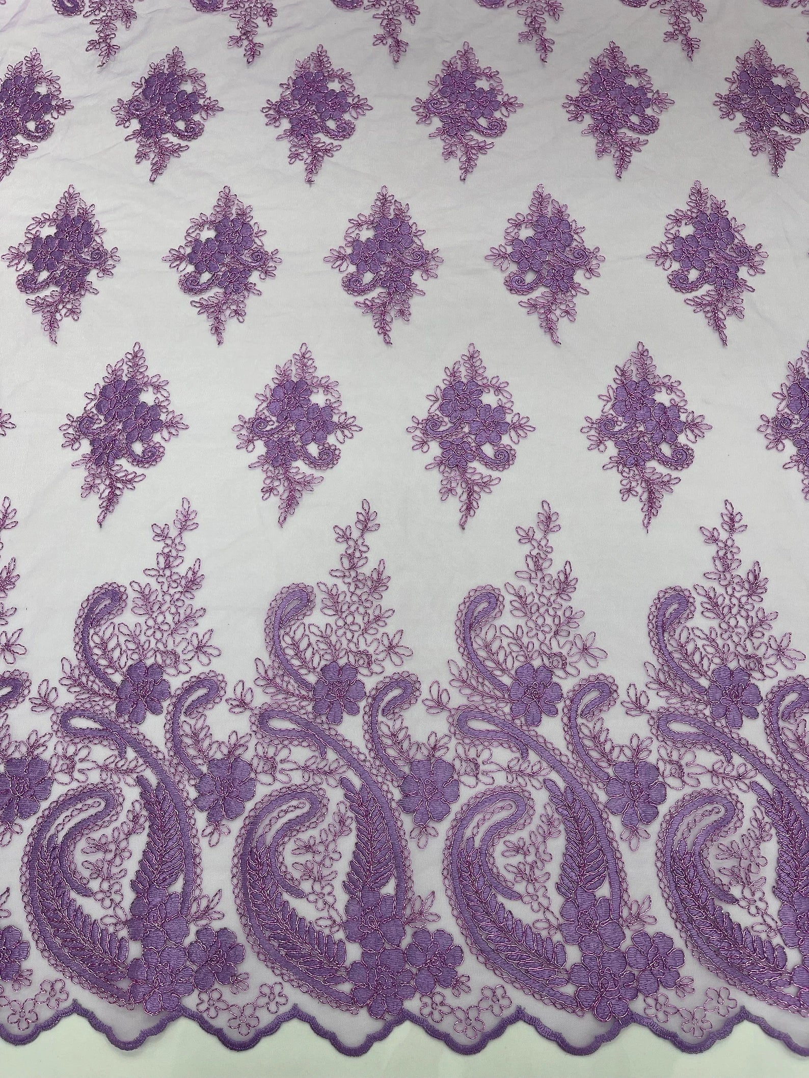Lavender - Embroidery Damask Design With Sequins On A Mesh Lace Fabric By Yard.
