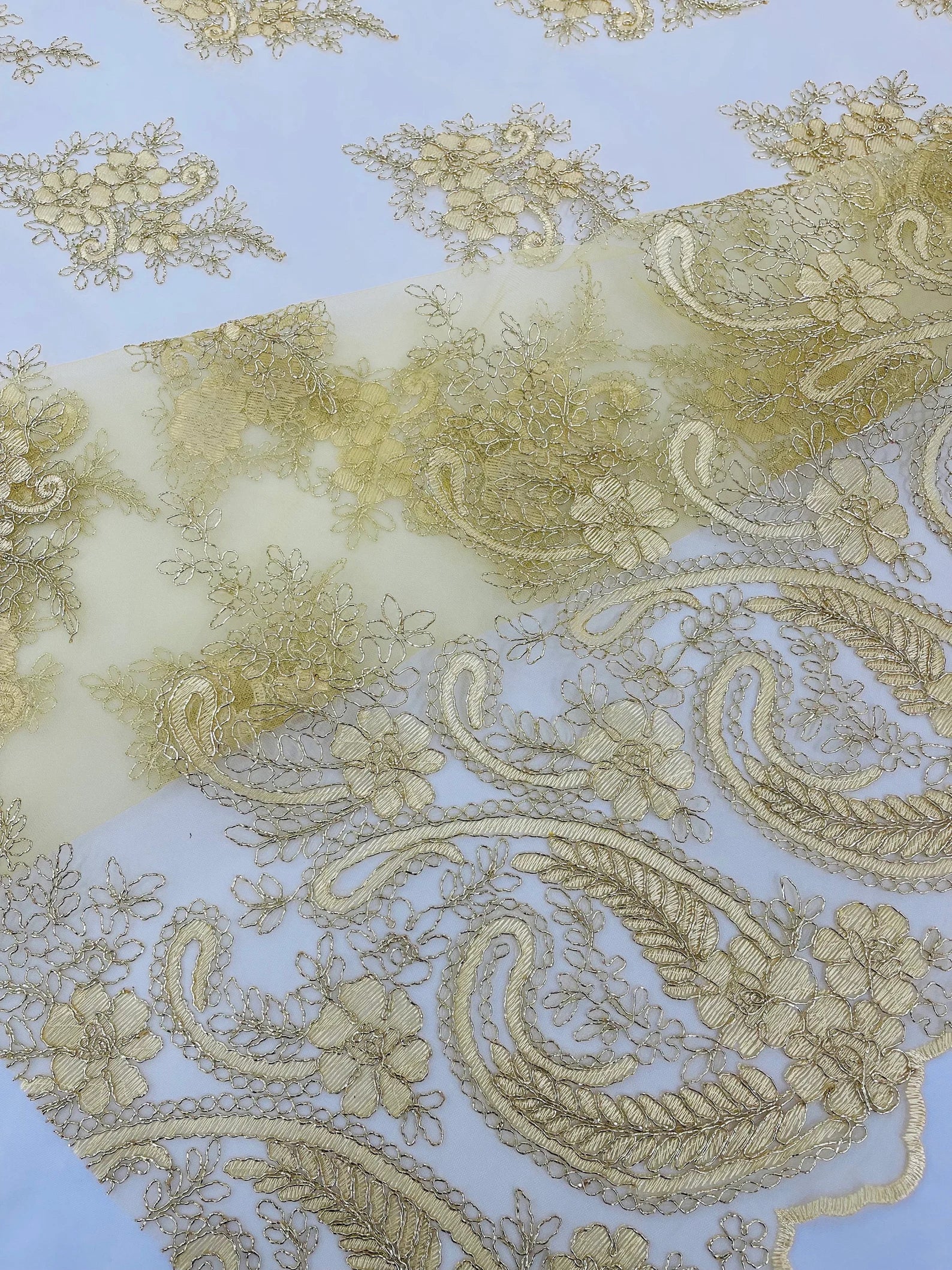 Ivory/Gold - Embroidery Damask Design With Sequins On A Mesh Lace Fabric By Yard.