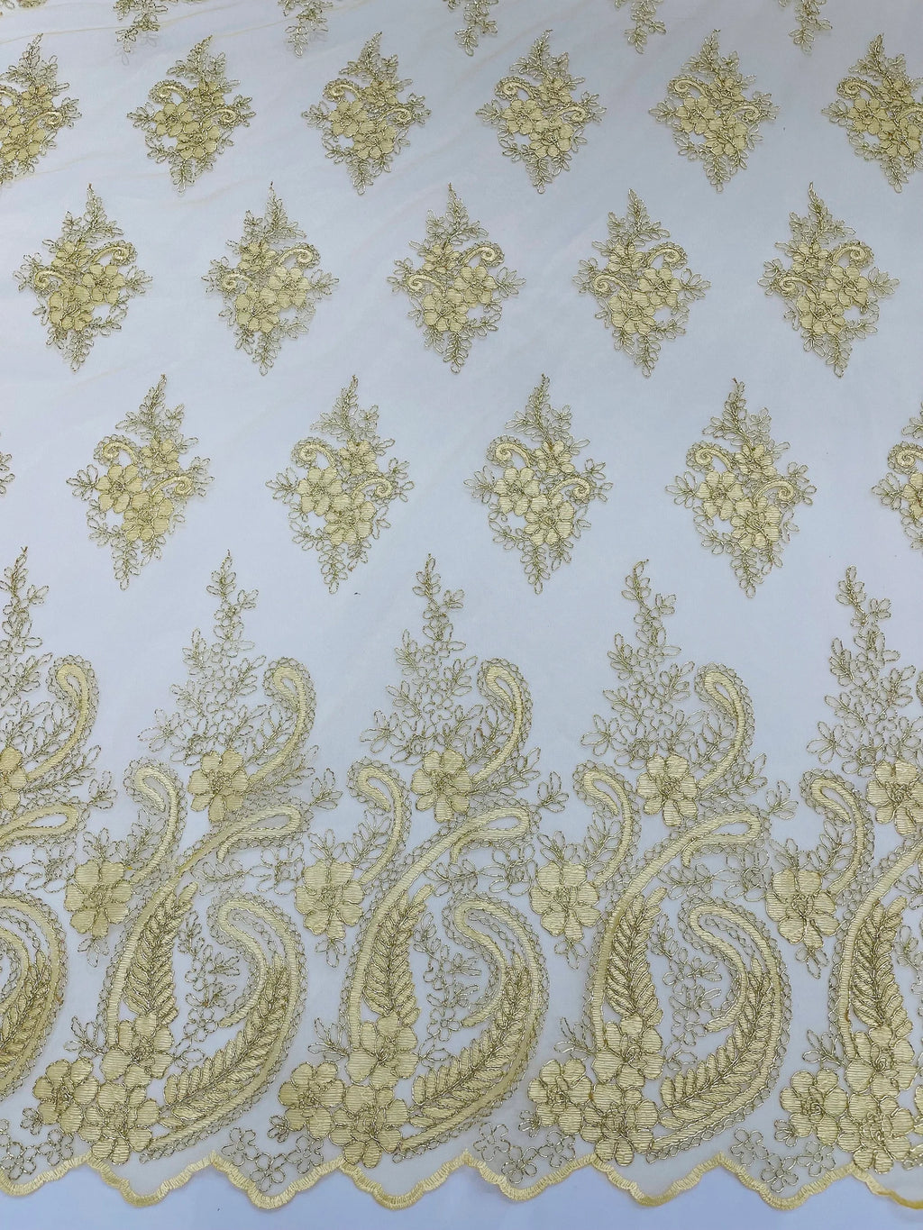 Ivory/Gold - Embroidery Damask Design With Sequins On A Mesh Lace Fabric By Yard.