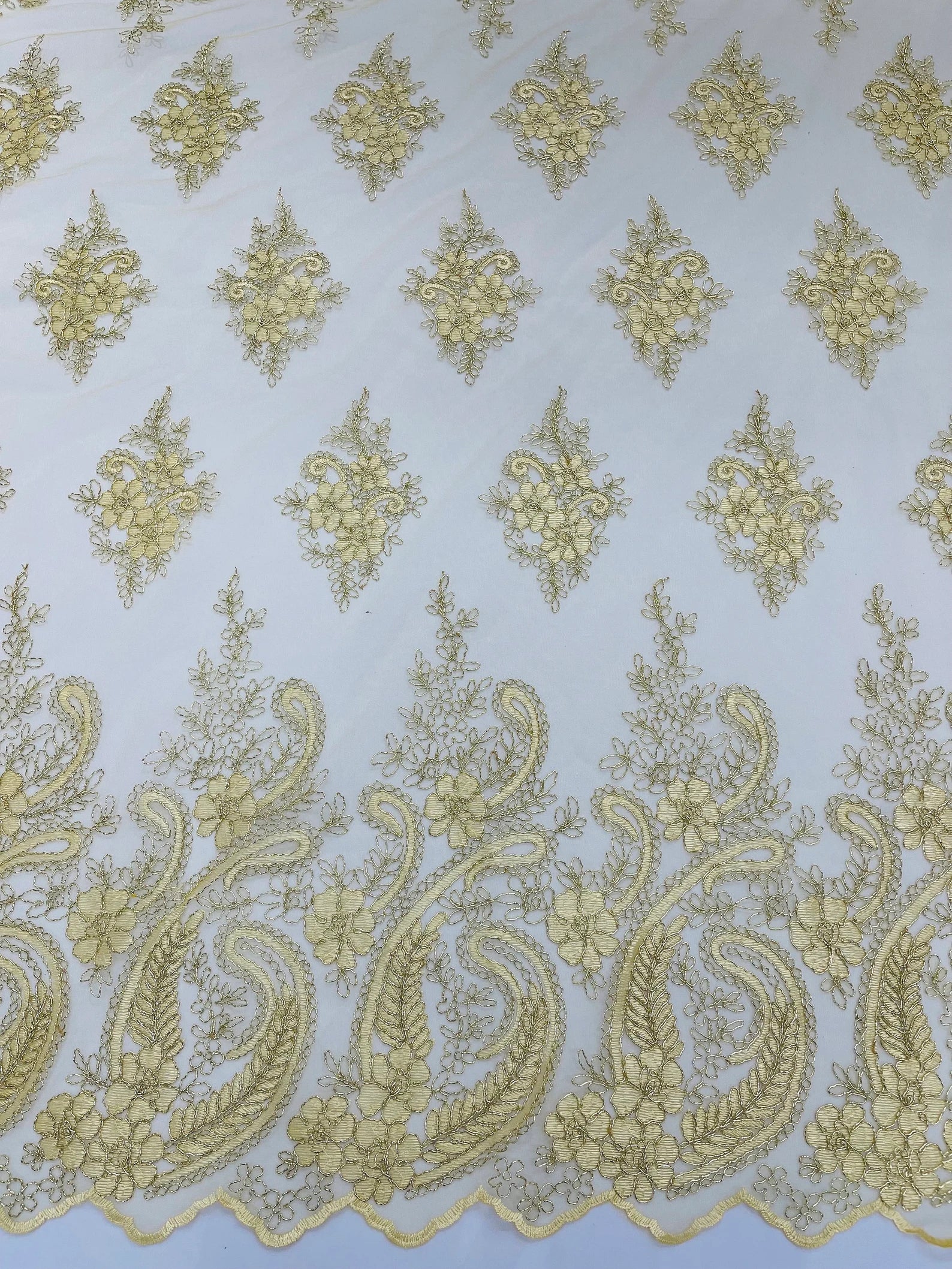 Ivory/Gold - Embroidery Damask Design With Sequins On A Mesh Lace Fabric By Yard.