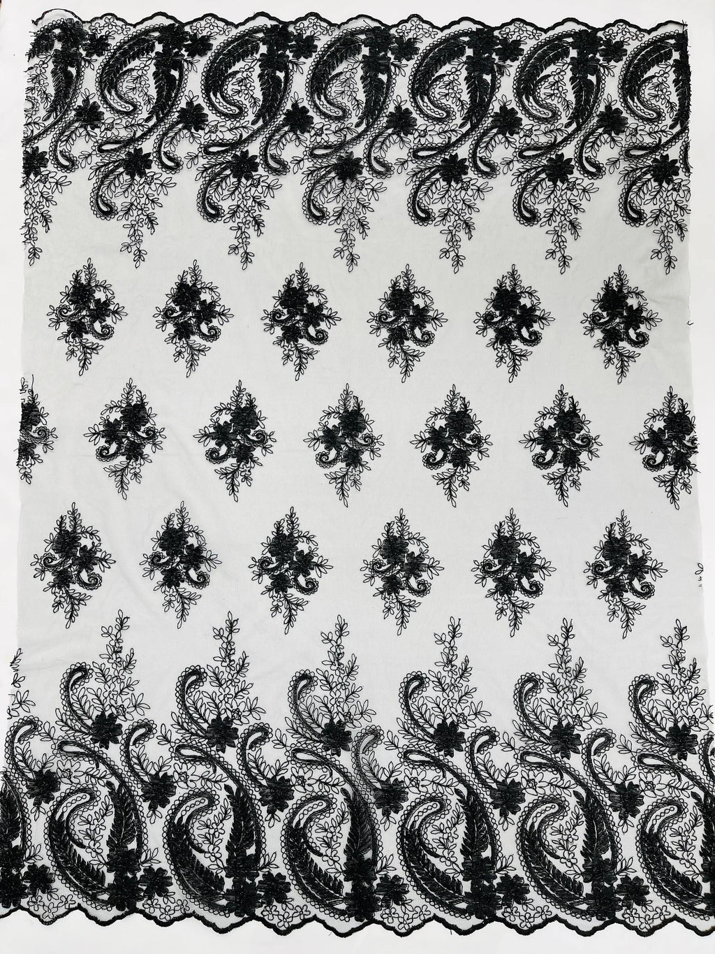 Black - Embroidery Damask Design With Sequins On A Mesh Lace Fabric By Yard.