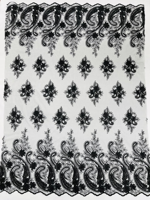 Black - Embroidery Damask Design With Sequins On A Mesh Lace Fabric By Yard.