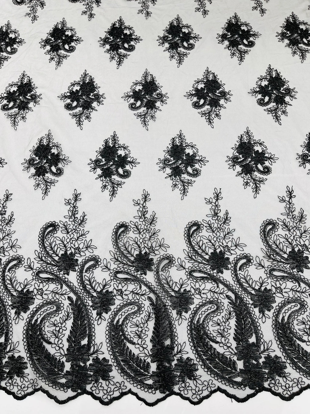 Black - Embroidery Damask Design With Sequins On A Mesh Lace Fabric By Yard.