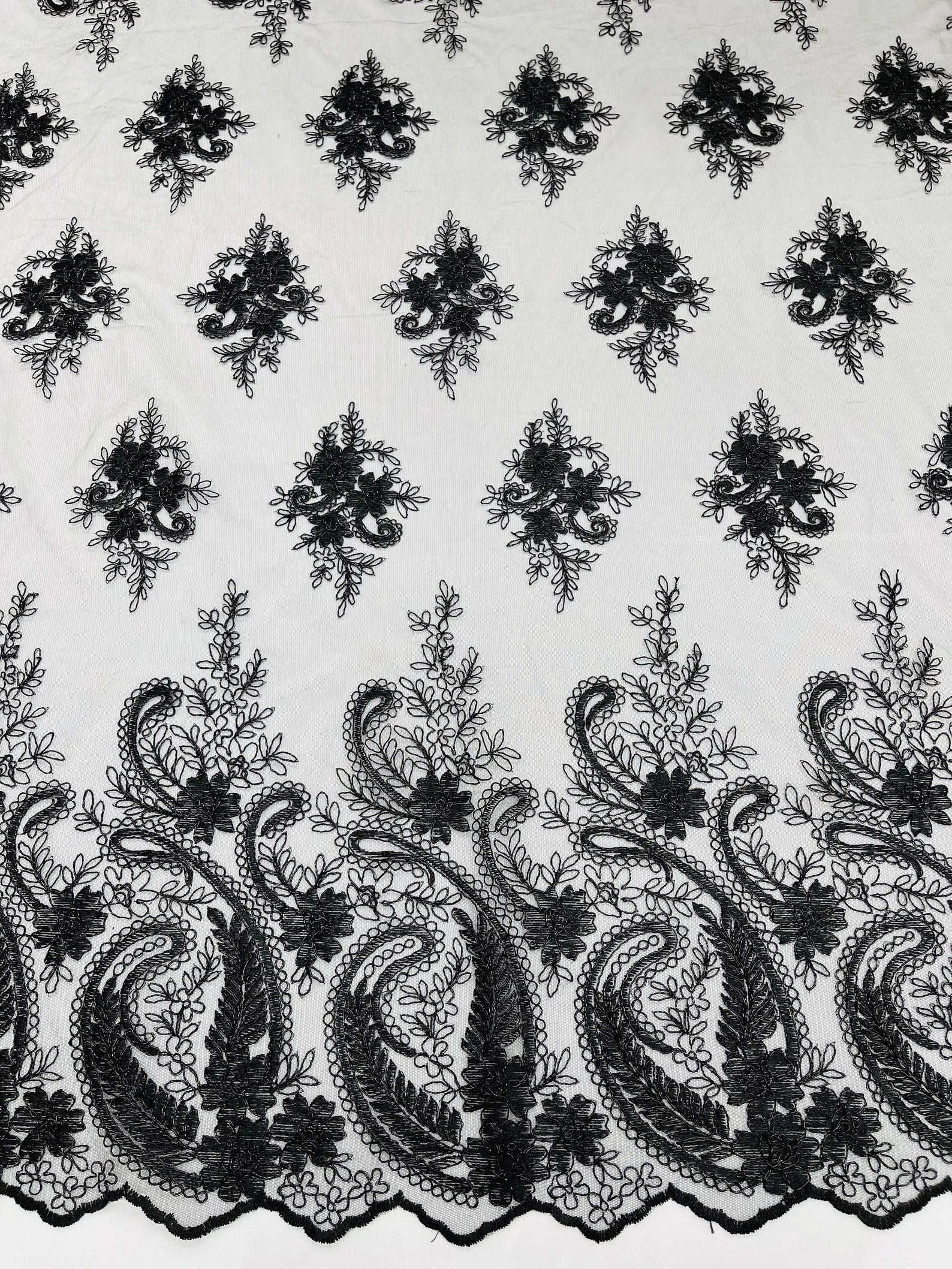 Black - Embroidery Damask Design With Sequins On A Mesh Lace Fabric By Yard.