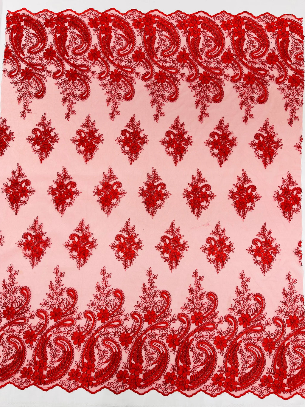 Red - Embroidery Damask Design With Sequins On A Mesh Lace Fabric By Yard.
