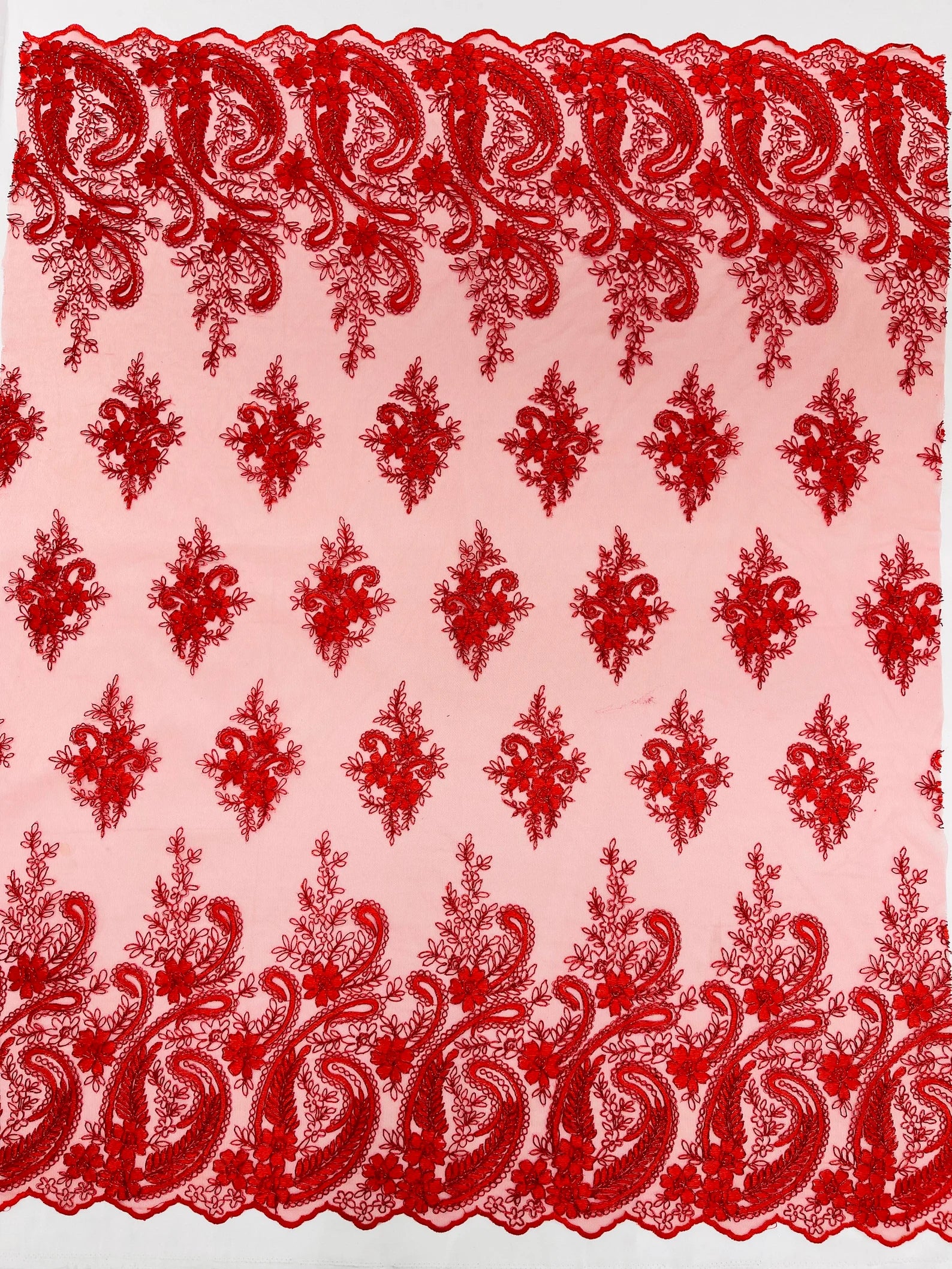 Red - Embroidery Damask Design With Sequins On A Mesh Lace Fabric By Yard.