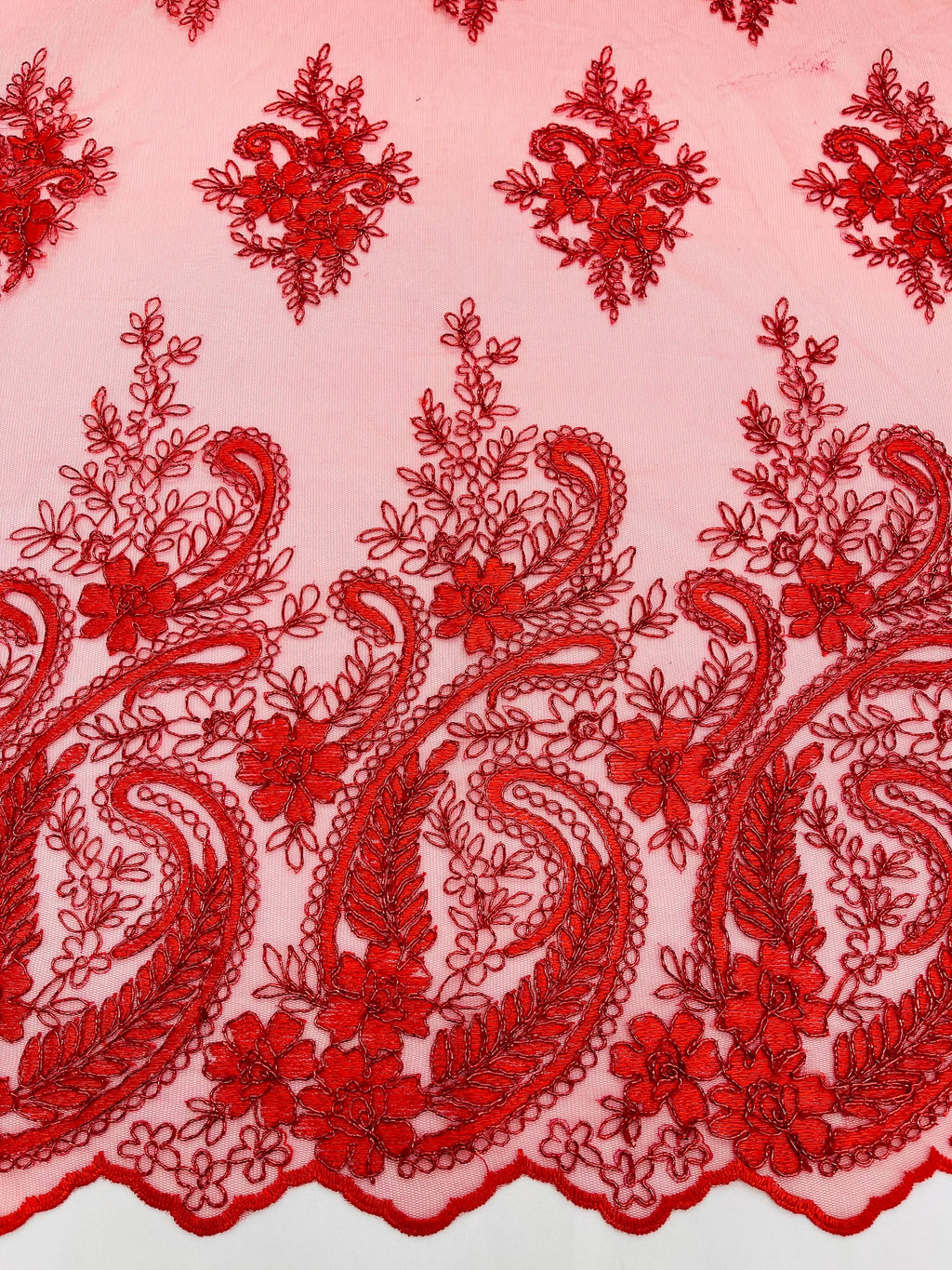 Red - Embroidery Damask Design With Sequins On A Mesh Lace Fabric By Yard.