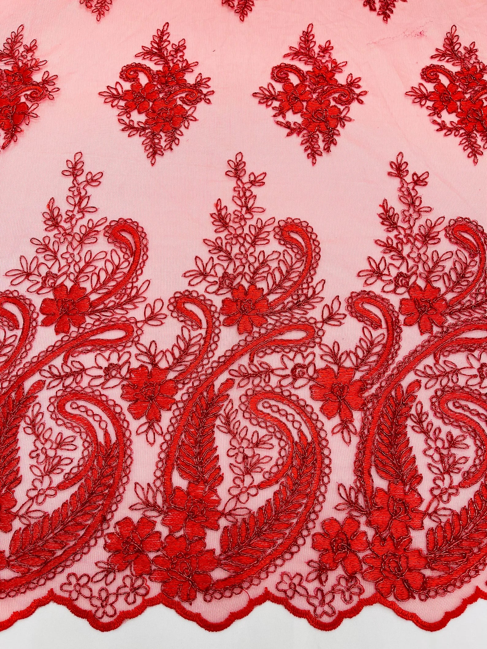 Red - Embroidery Damask Design With Sequins On A Mesh Lace Fabric By Yard.