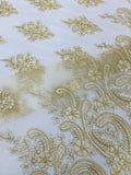 Gold Metallic - Embroidery Damask Design With Sequins On A Mesh Lace Fabric By Yard.