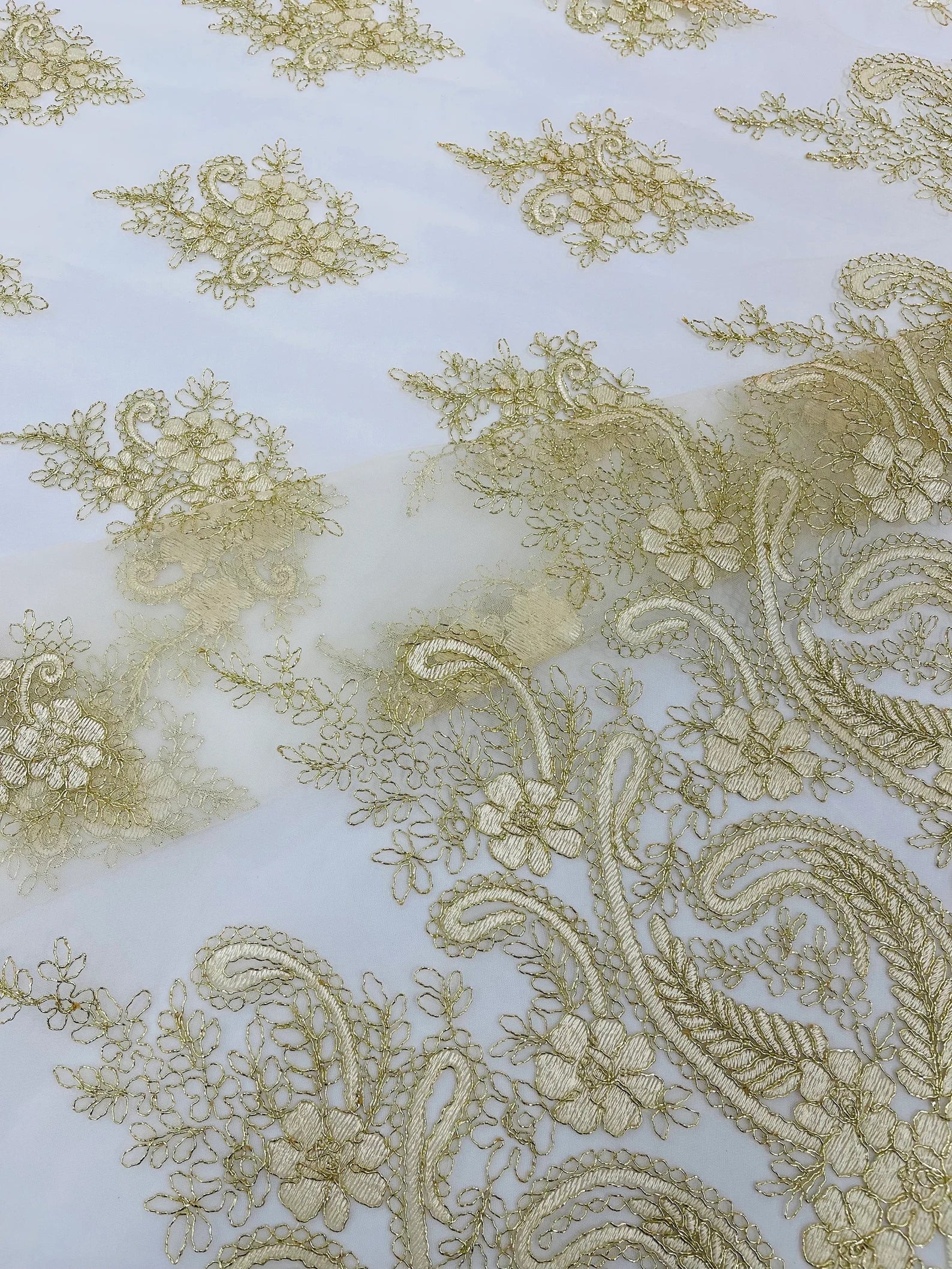Gold Metallic - Embroidery Damask Design With Sequins On A Mesh Lace Fabric By Yard.