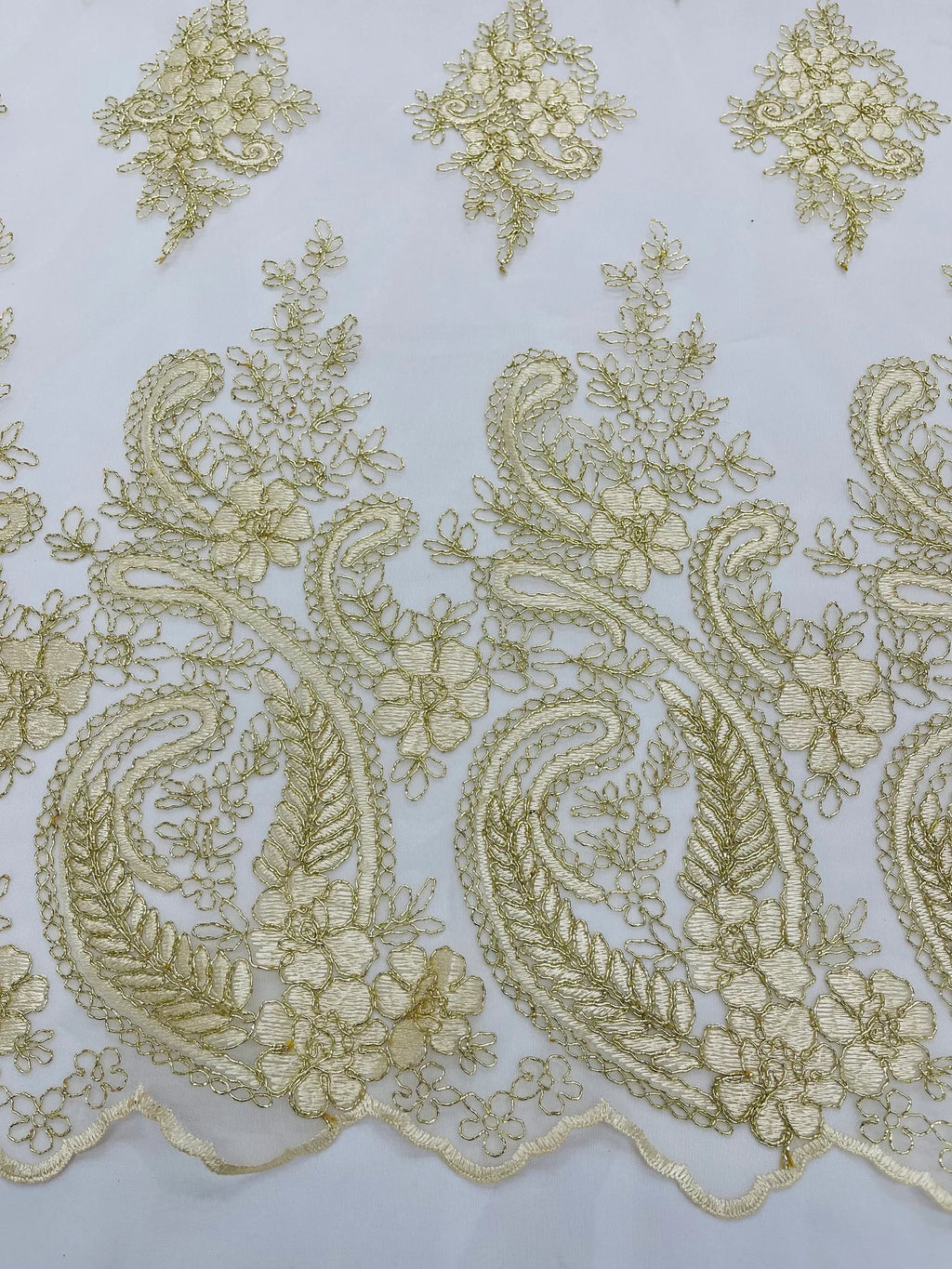Gold Metallic - Embroidery Damask Design With Sequins On A Mesh Lace Fabric By Yard.