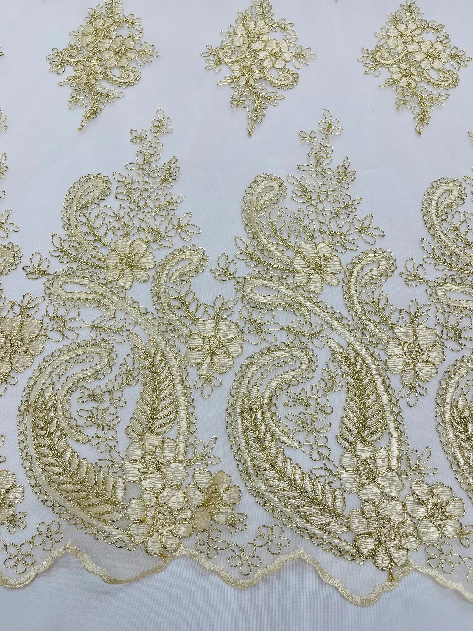 Gold Metallic - Embroidery Damask Design With Sequins On A Mesh Lace Fabric By Yard.