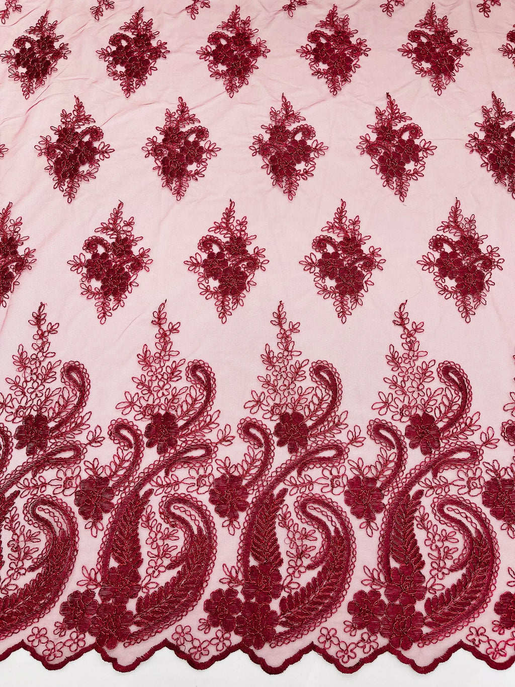 Burgundy - Embroidery Damask Design With Sequins On A Mesh Lace Fabric By Yard.