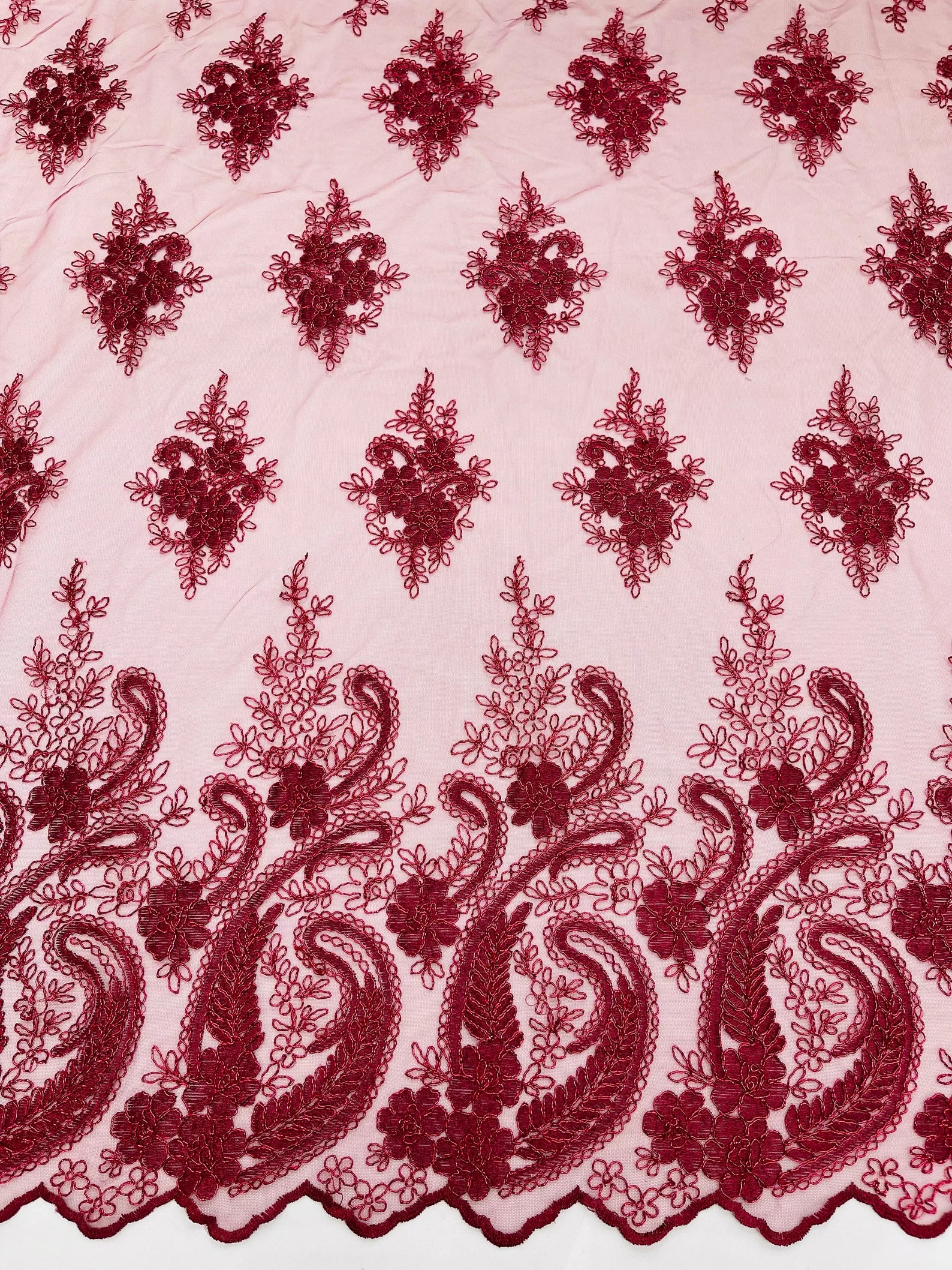 Burgundy - Embroidery Damask Design With Sequins On A Mesh Lace Fabric By Yard.