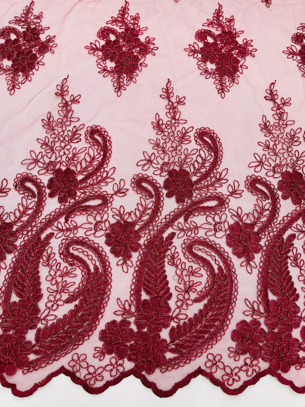Burgundy - Embroidery Damask Design With Sequins On A Mesh Lace Fabric By Yard.