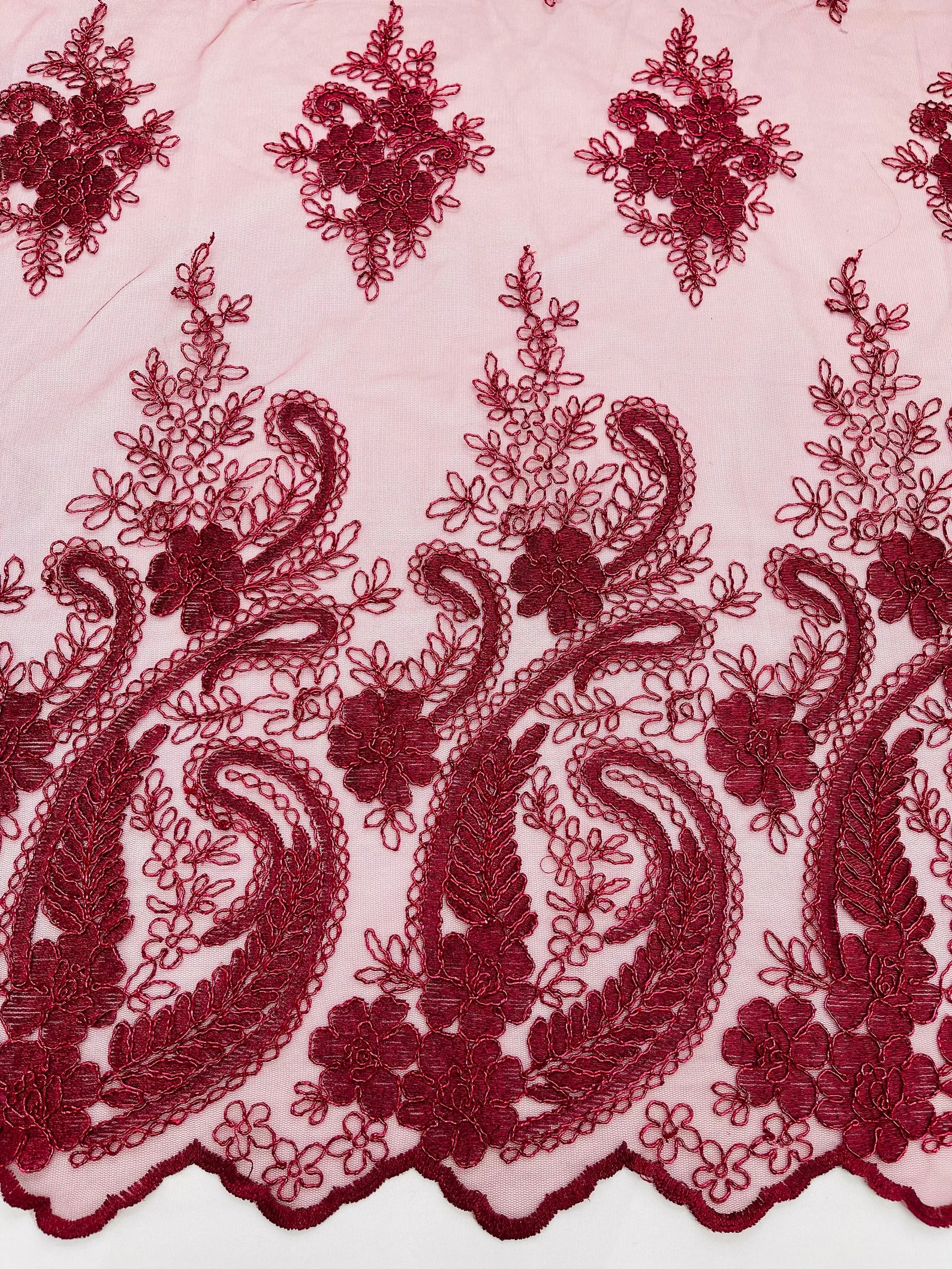 Burgundy - Embroidery Damask Design With Sequins On A Mesh Lace Fabric By Yard.