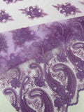 Lavender - Embroidery Damask Design With Sequins On A Mesh Lace Fabric By Yard.