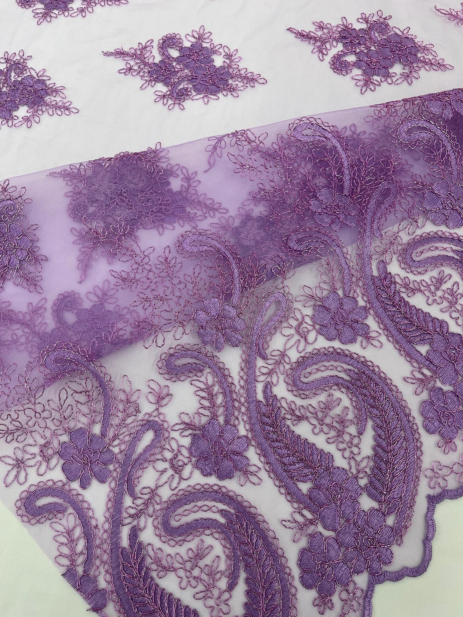 Lavender - Embroidery Damask Design With Sequins On A Mesh Lace Fabric By Yard.
