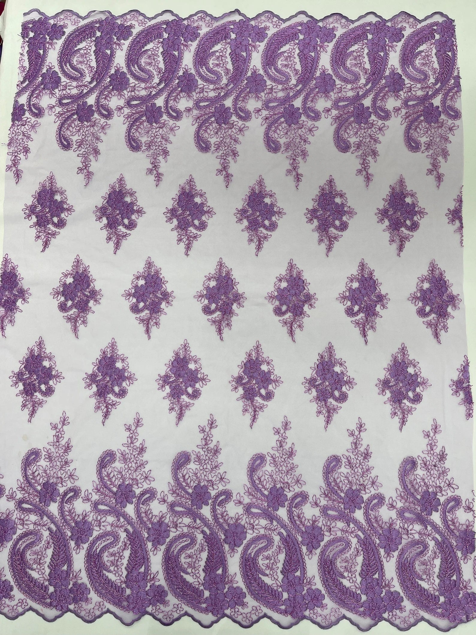 Lavender - Embroidery Damask Design With Sequins On A Mesh Lace Fabric By Yard.