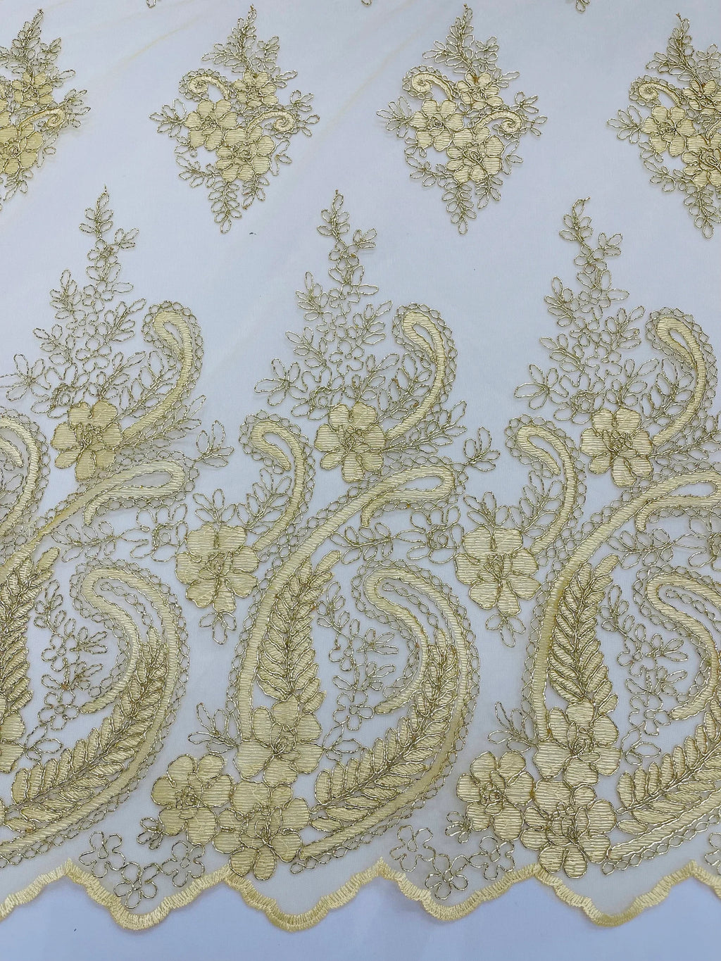Ivory/Gold - Embroidery Damask Design With Sequins On A Mesh Lace Fabric By Yard.