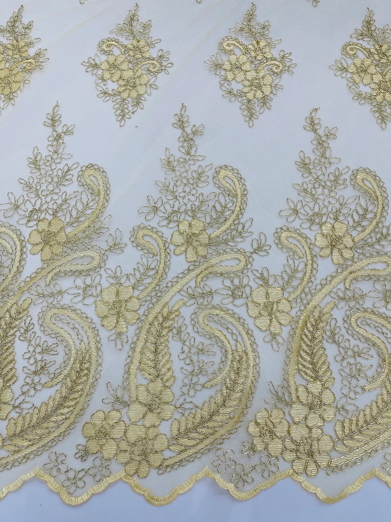 Ivory/Gold - Embroidery Damask Design With Sequins On A Mesh Lace Fabric By Yard.