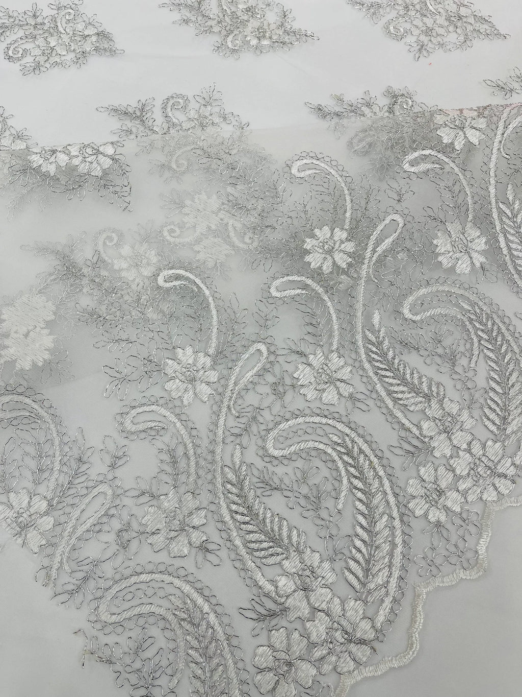 White/Silver Metallic - Embroidery Damask Design With Sequins On A Mesh Lace Fabric By Yard.