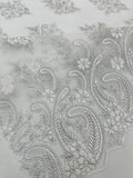 White/Silver Metallic - Embroidery Damask Design With Sequins On A Mesh Lace Fabric By Yard.