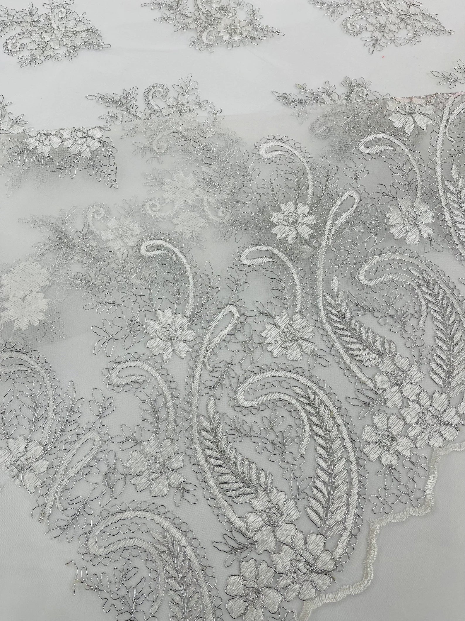 White/Silver Metallic - Embroidery Damask Design With Sequins On A Mesh Lace Fabric By Yard.