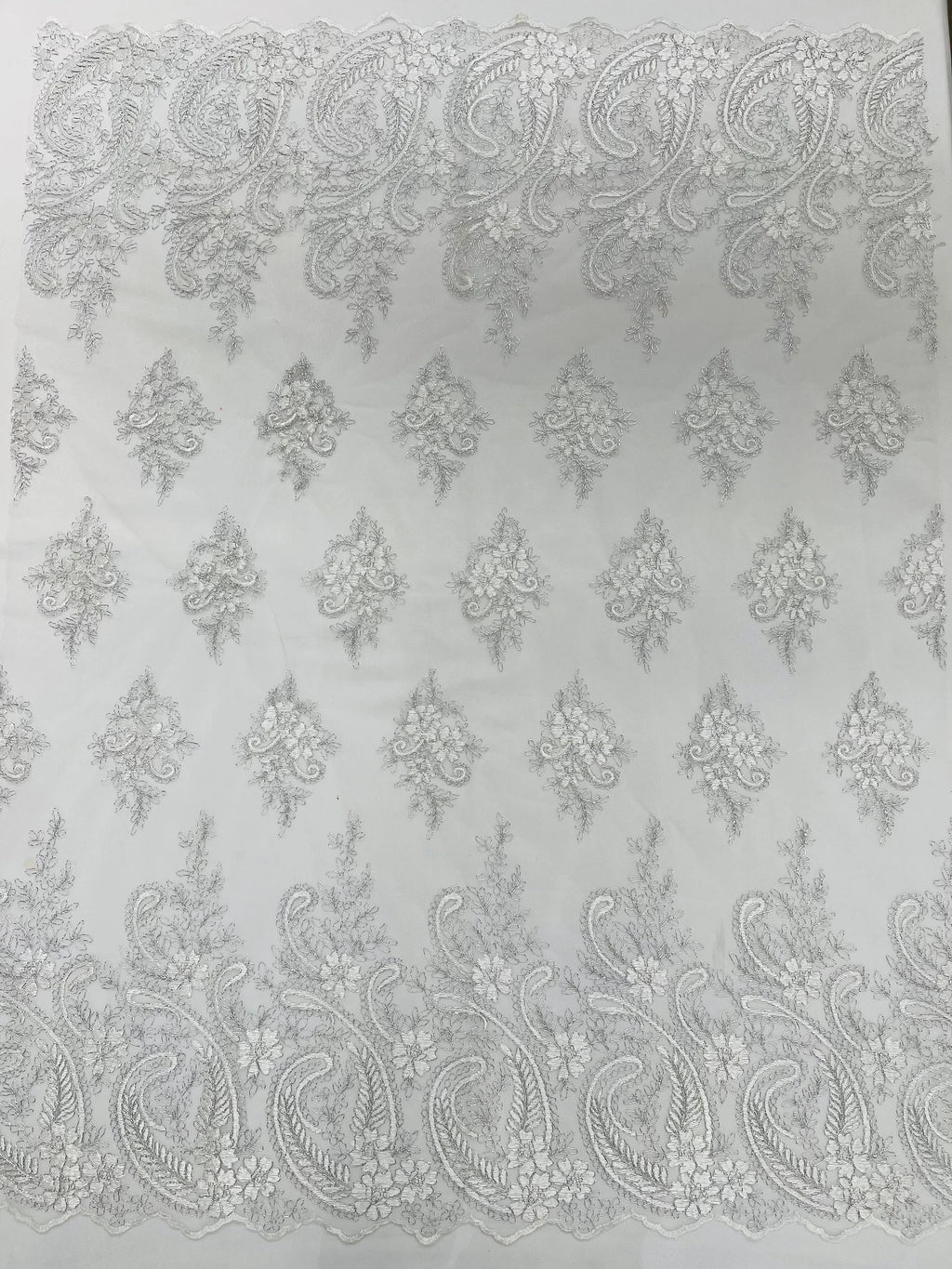 White/Silver Metallic - Embroidery Damask Design With Sequins On A Mesh Lace Fabric By Yard.