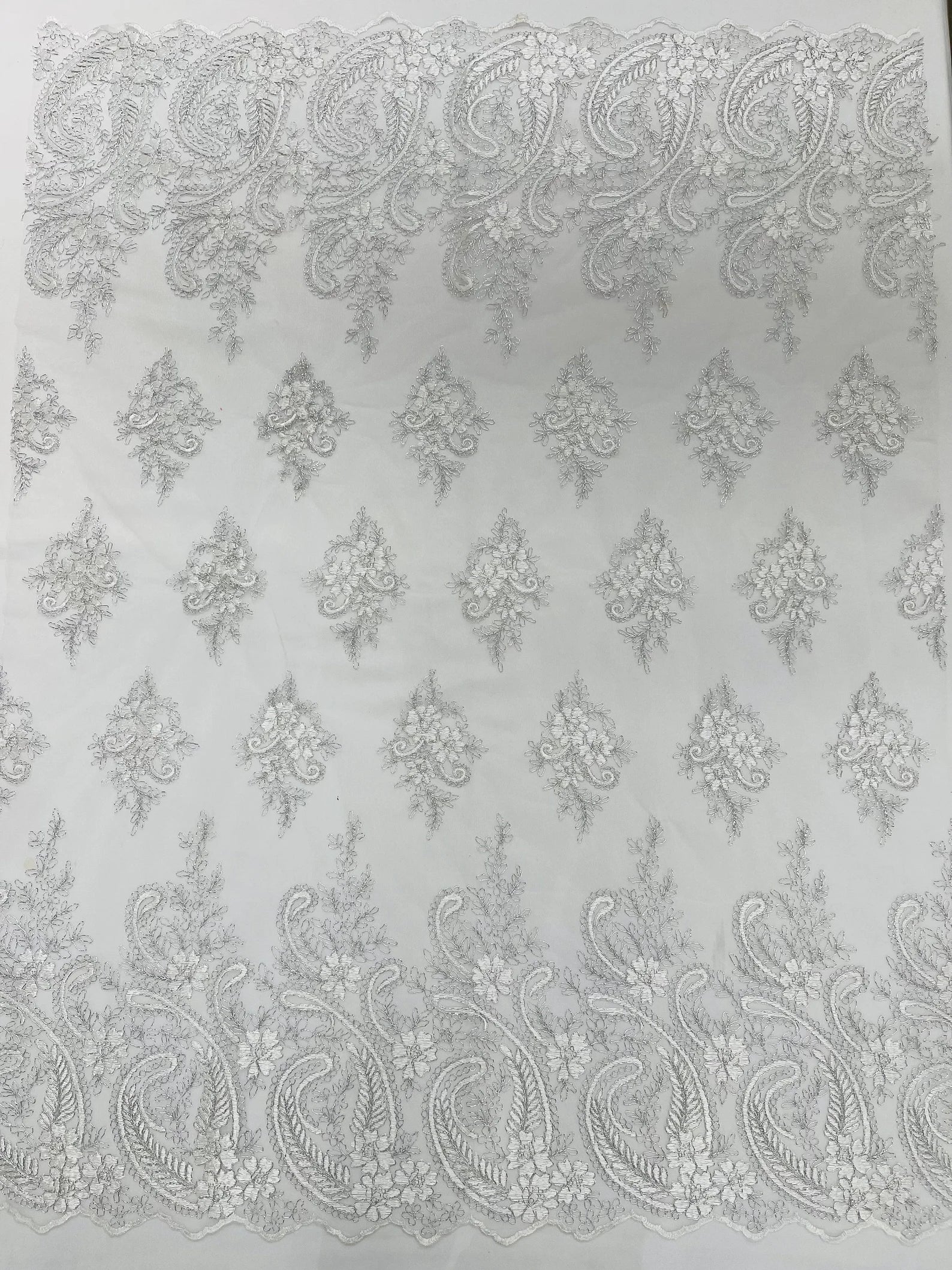 White/Silver Metallic - Embroidery Damask Design With Sequins On A Mesh Lace Fabric By Yard.