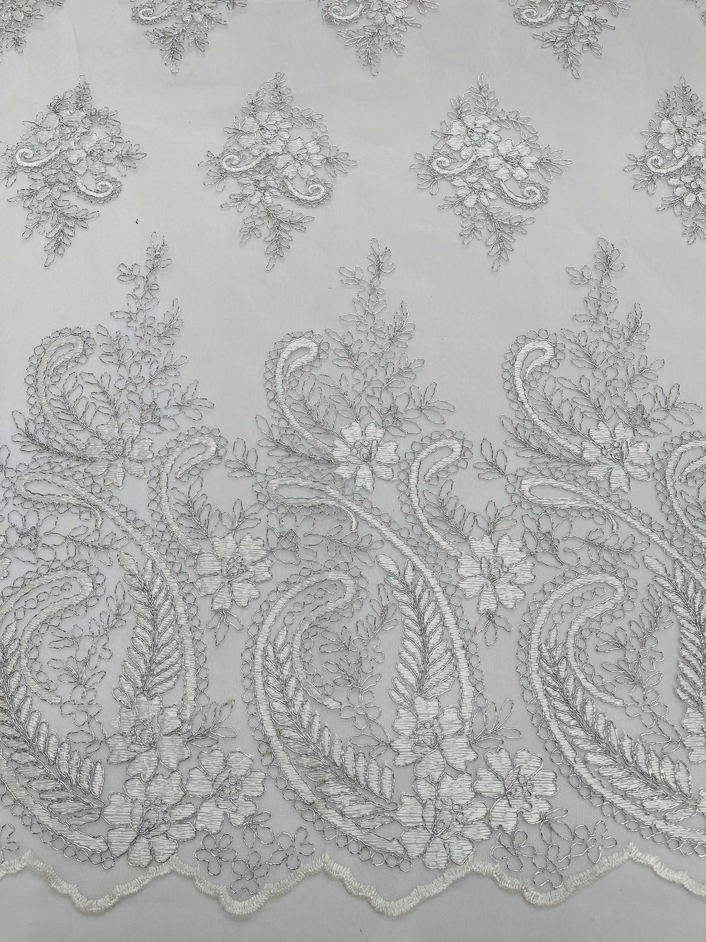 White/Silver Metallic - Embroidery Damask Design With Sequins On A Mesh Lace Fabric By Yard.