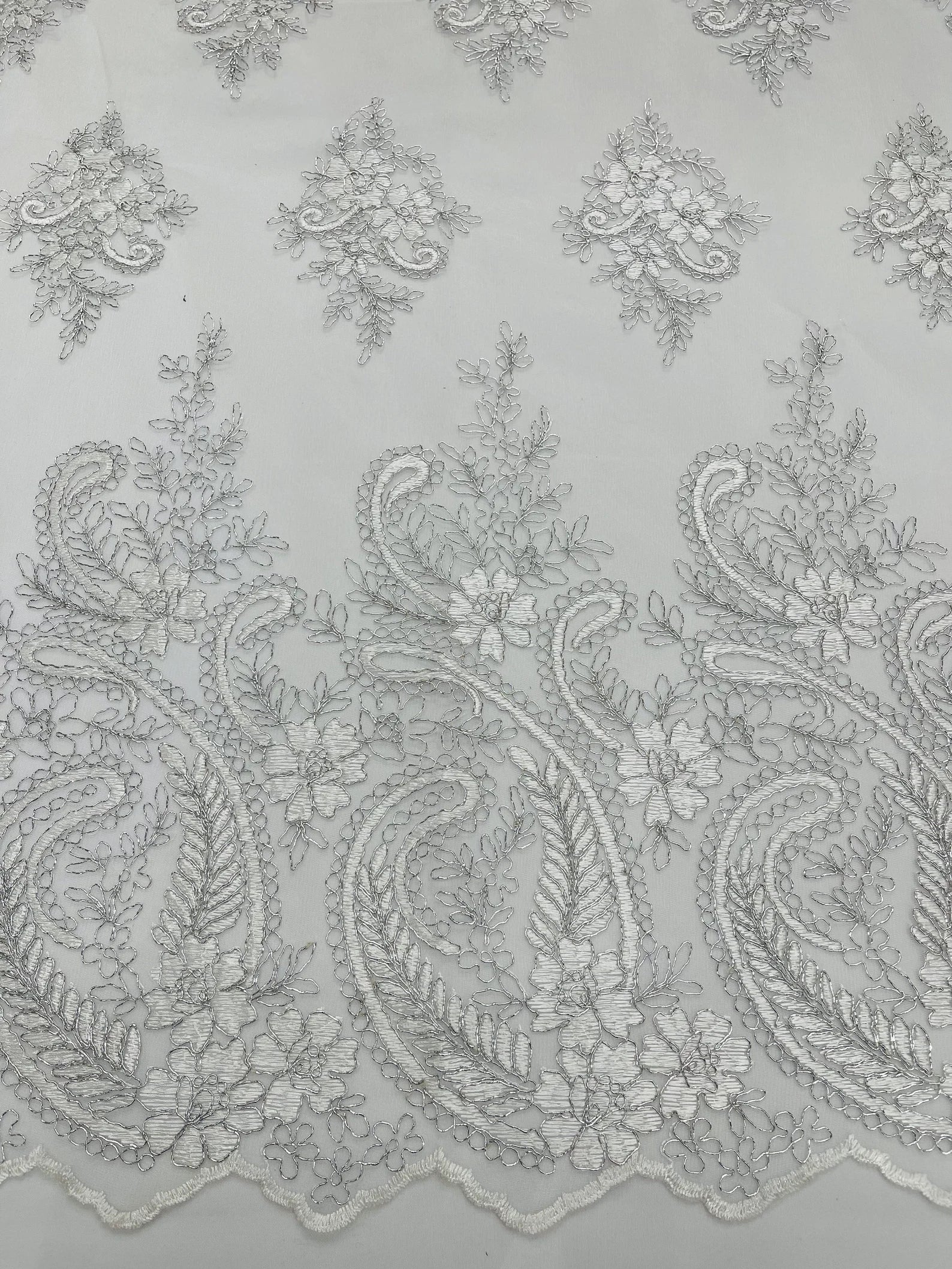 White/Silver Metallic - Embroidery Damask Design With Sequins On A Mesh Lace Fabric By Yard.