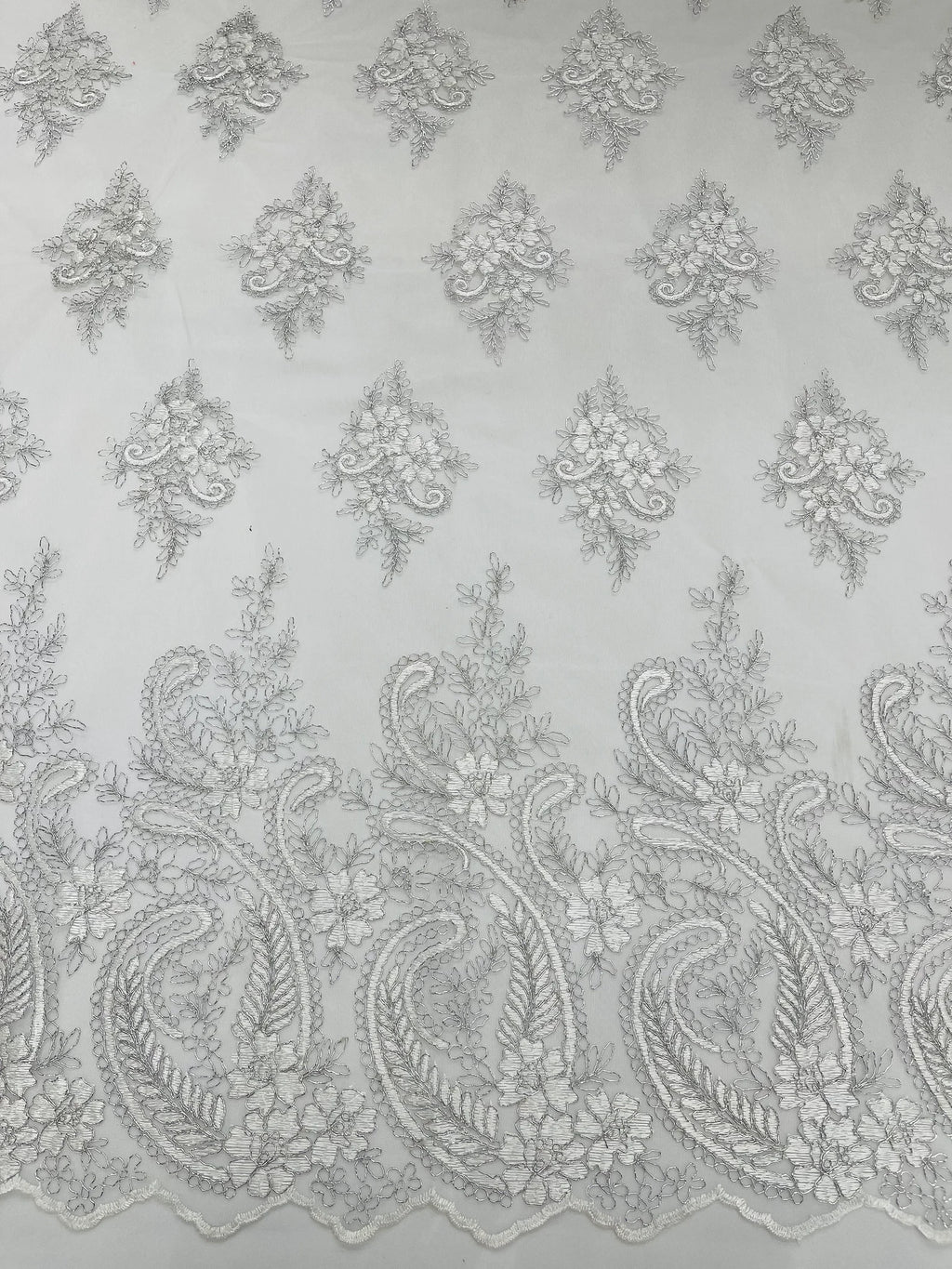 White/Silver Metallic - Embroidery Damask Design With Sequins On A Mesh Lace Fabric By Yard.