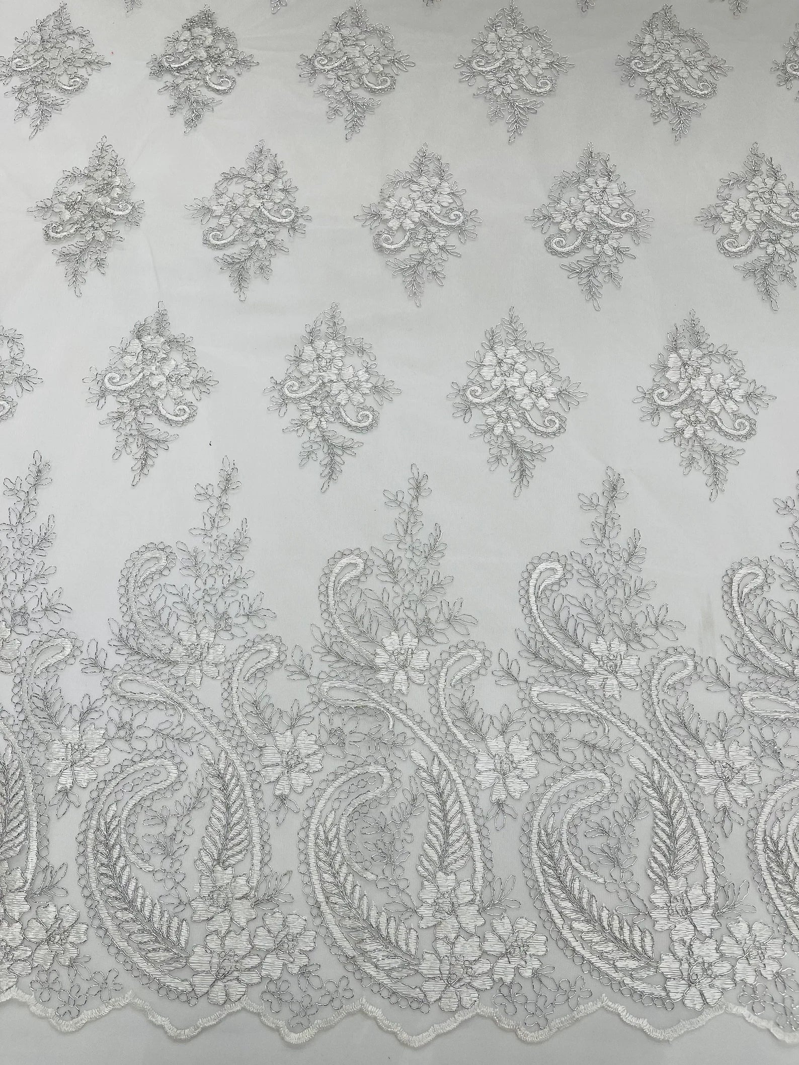 White/Silver Metallic - Embroidery Damask Design With Sequins On A Mesh Lace Fabric By Yard.