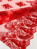 Red - Embroidery Damask Design With Sequins On A Mesh Lace Fabric By Yard.