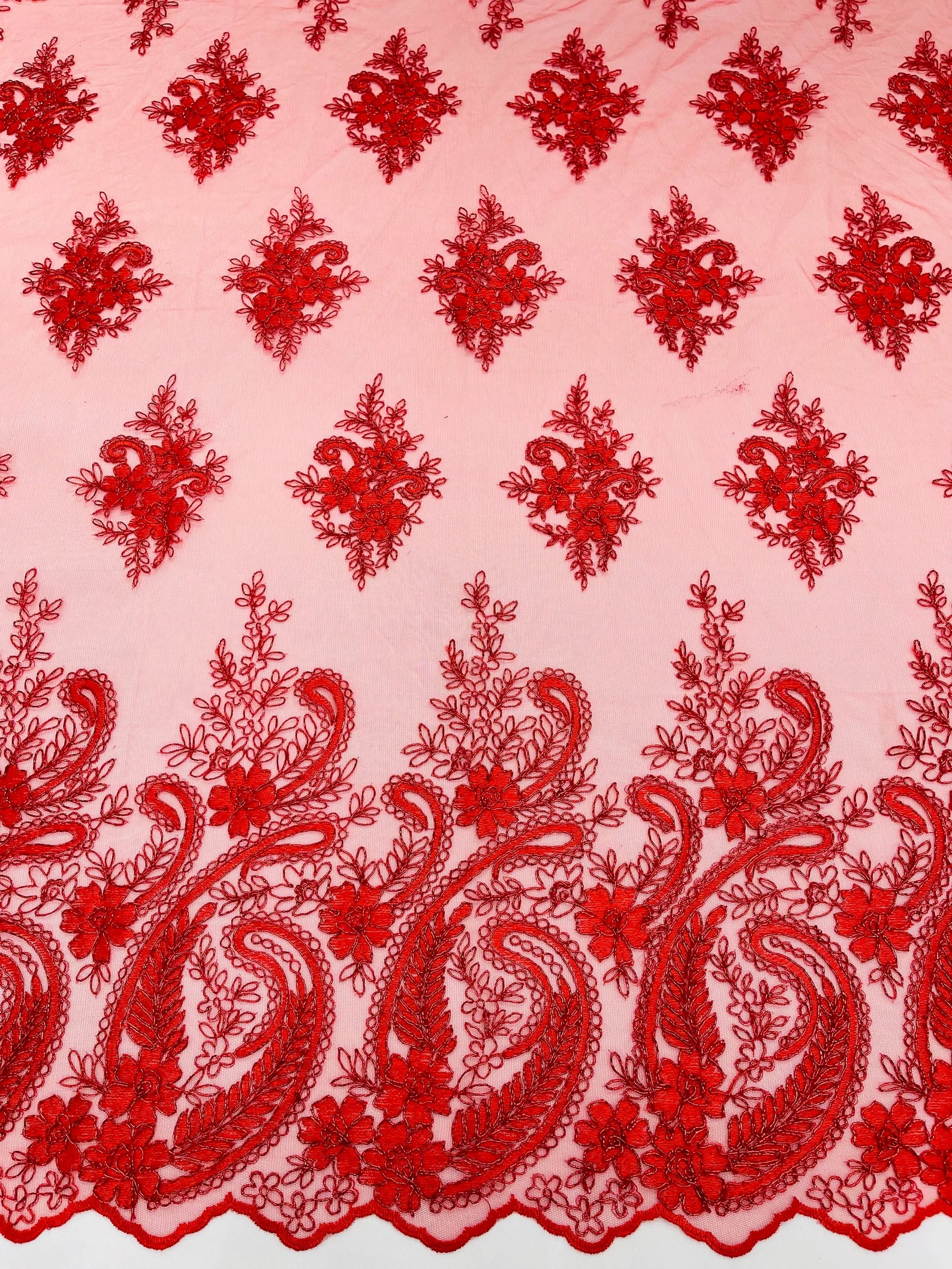 Red - Embroidery Damask Design With Sequins On A Mesh Lace Fabric By Yard.