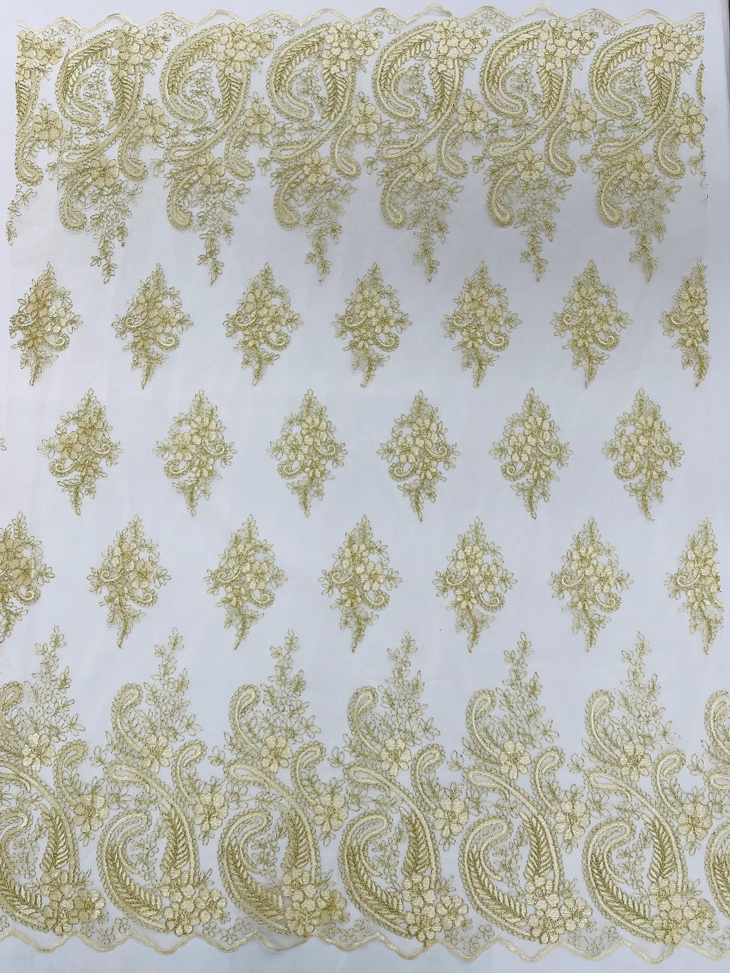 Gold Metallic - Embroidery Damask Design With Sequins On A Mesh Lace Fabric By Yard.