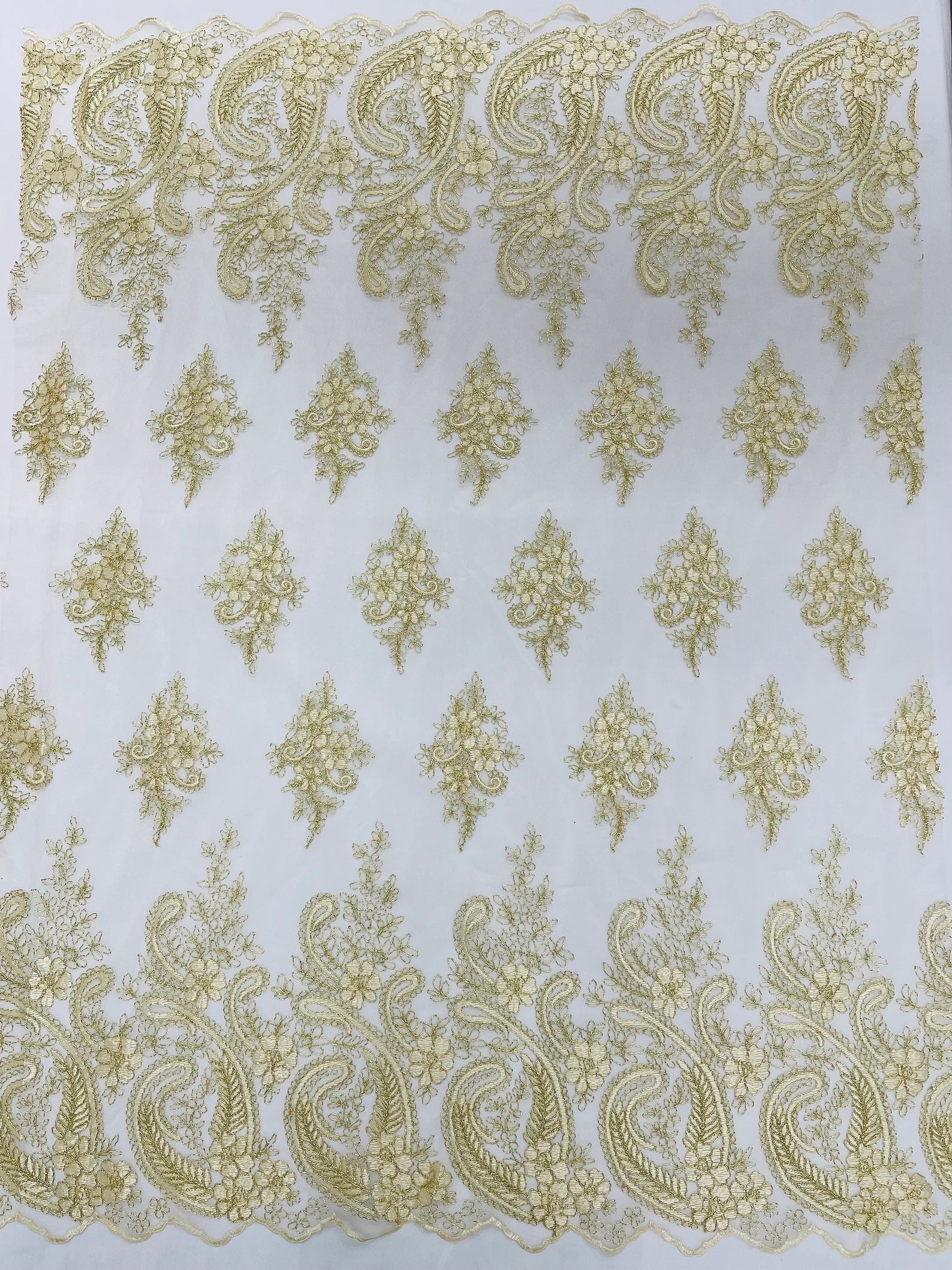 Gold Metallic - Embroidery Damask Design With Sequins On A Mesh Lace Fabric By Yard.