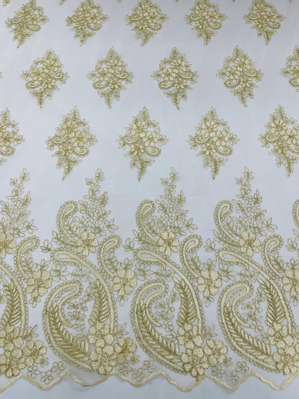 Gold Metallic - Embroidery Damask Design With Sequins On A Mesh Lace Fabric By Yard.