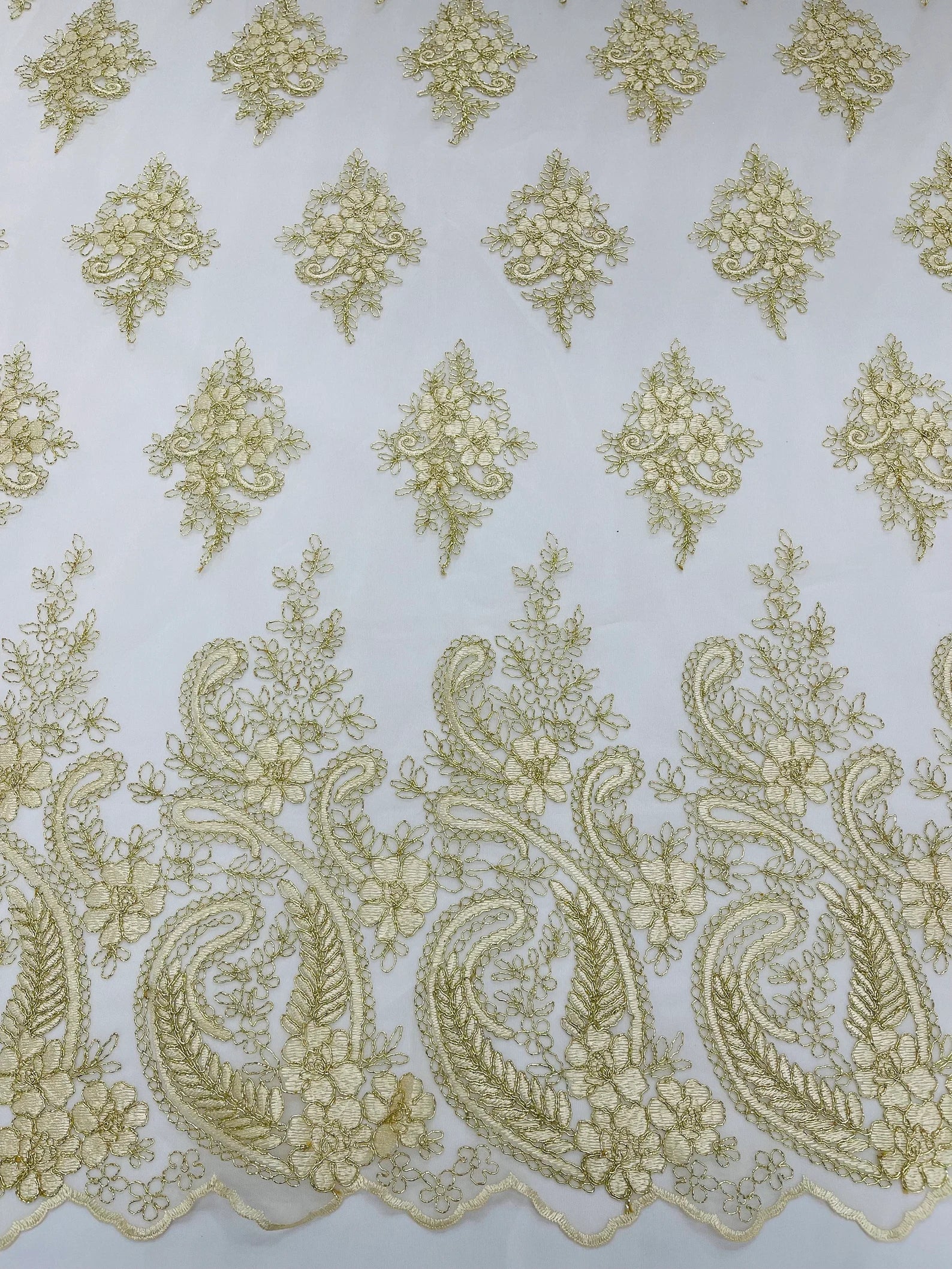 Gold Metallic - Embroidery Damask Design With Sequins On A Mesh Lace Fabric By Yard.
