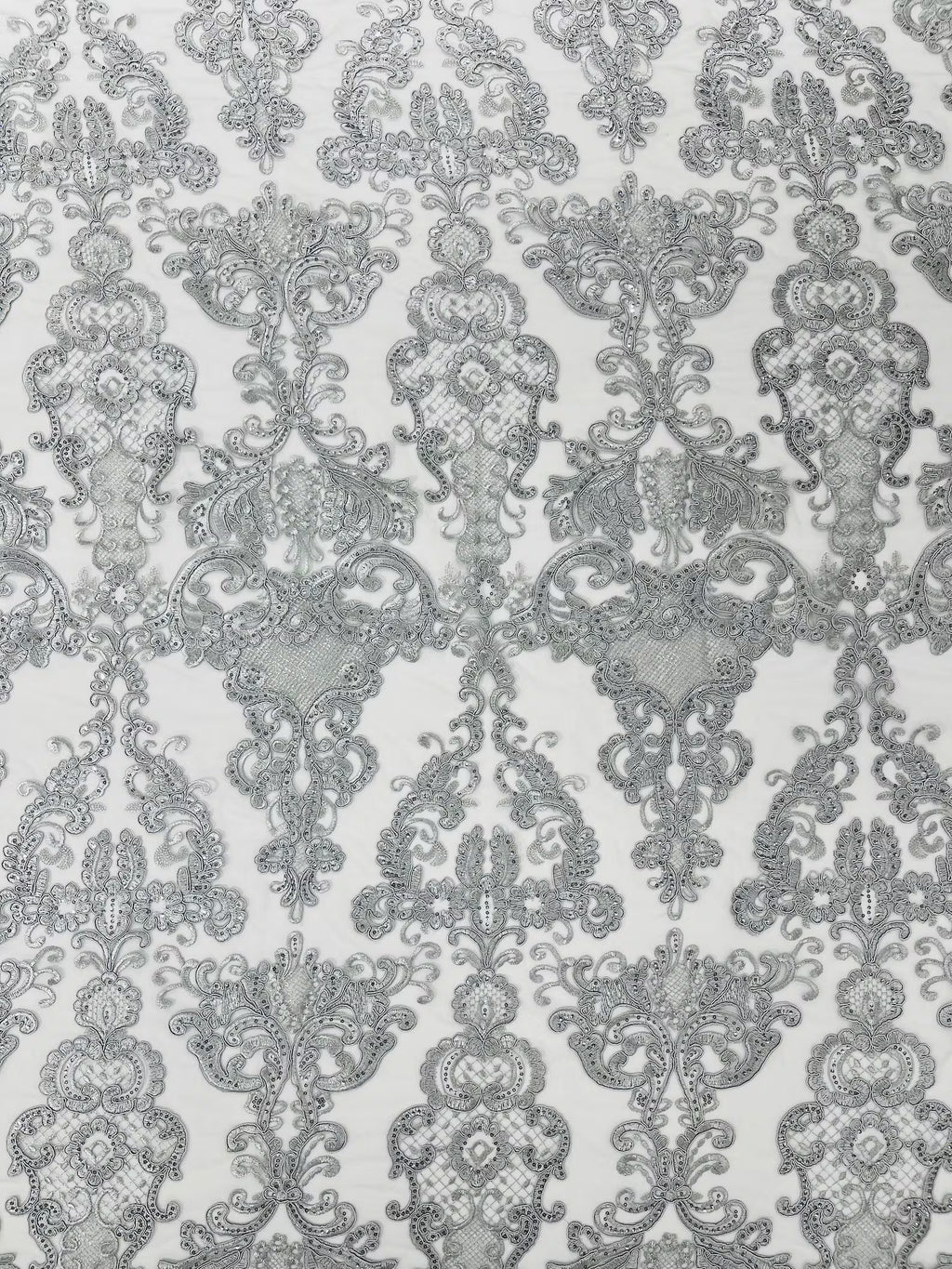 Embroidery Damask Design With Sequins On A Mesh Lace Fabric By Yard. Silver