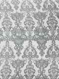 Embroidery Damask Design With Sequins On A Mesh Lace Fabric By Yard. Silver