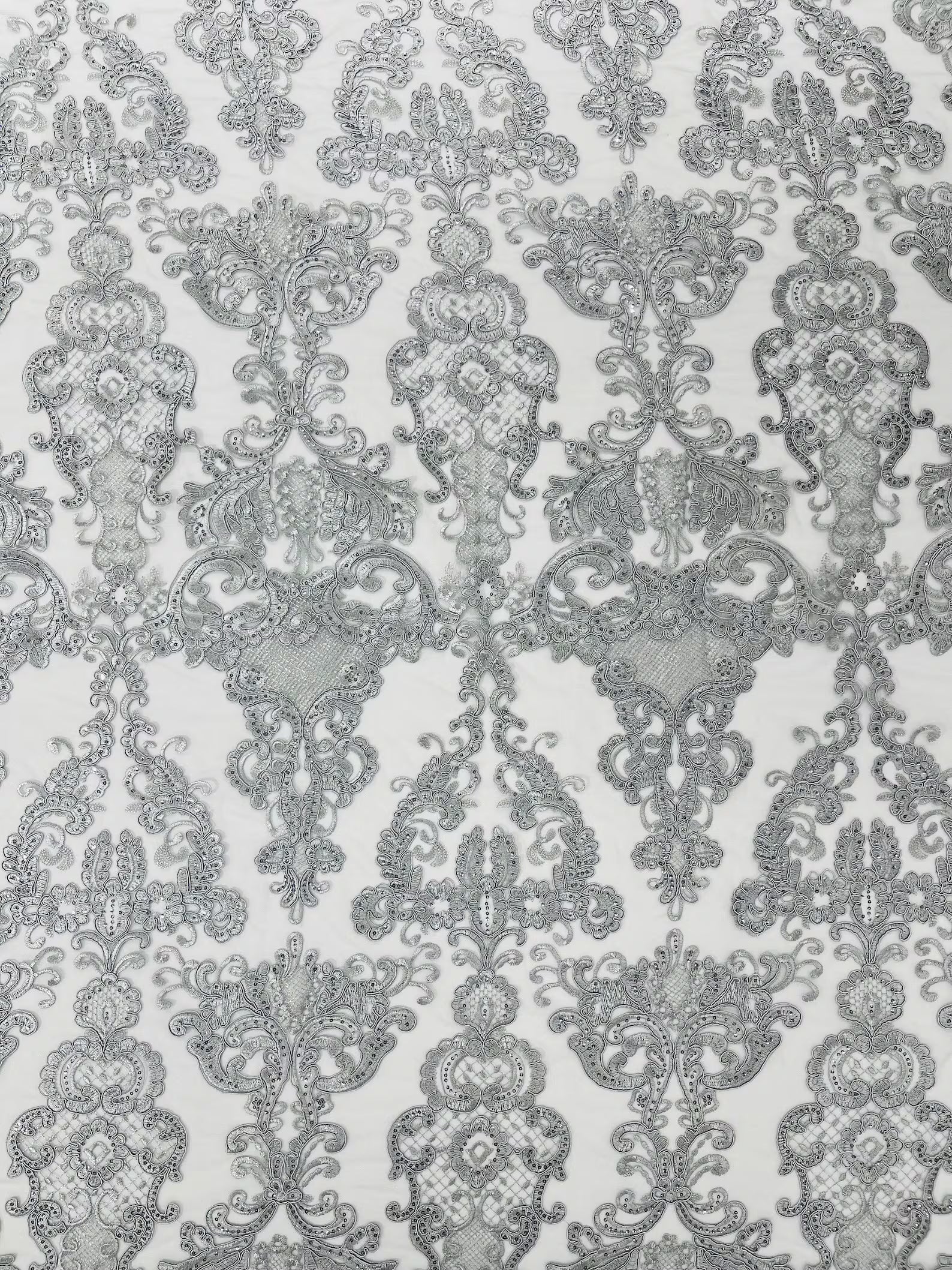 Embroidery Damask Design With Sequins On A Mesh Lace Fabric By Yard. Silver