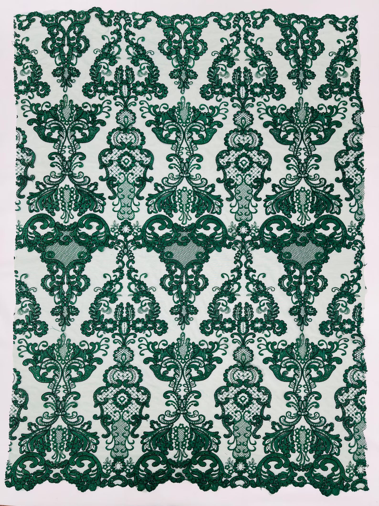 Embroidery Damask Design With Sequins On A Mesh Lace Fabric By Yard. Hunter