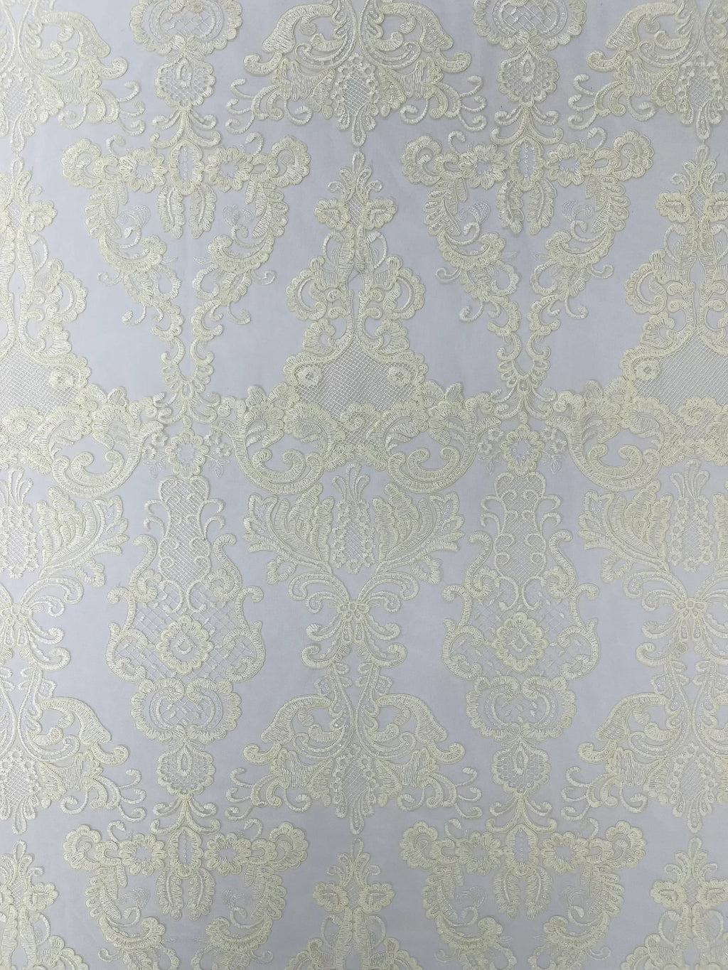 Embroidery Damask Design With Sequins On A Mesh Lace Fabric By Yard. Ivory