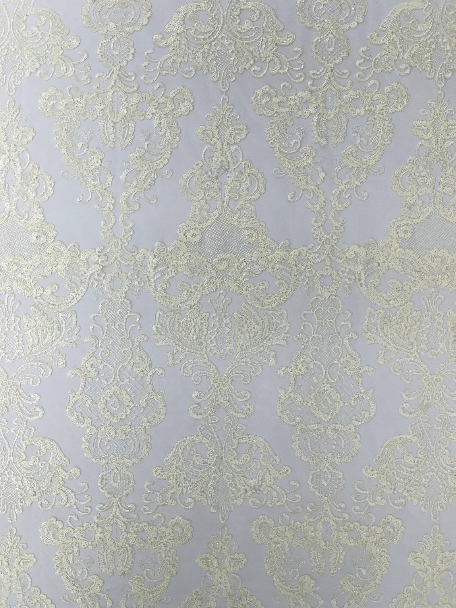 Embroidery Damask Design With Sequins On A Mesh Lace Fabric By Yard. Ivory